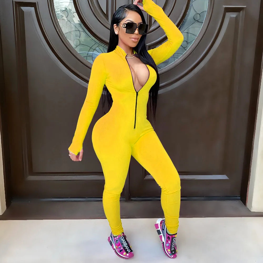 Sexy Solid Color Long Sleeve Deep v Bodycon Rompers Womens Jumpsuit Sport Suit