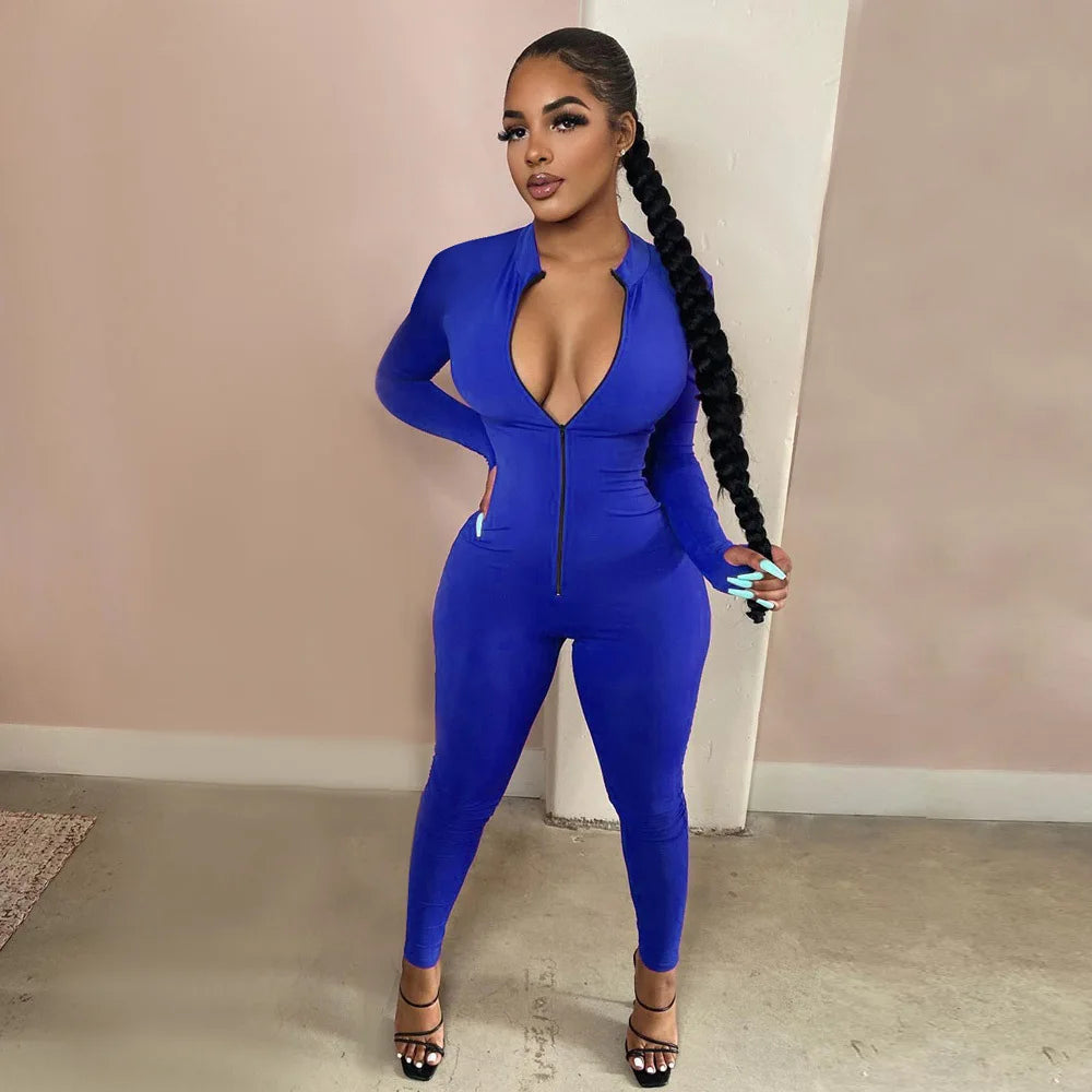 Sexy Solid Color Long Sleeve Deep v Bodycon Rompers Womens Jumpsuit Sport Suit
