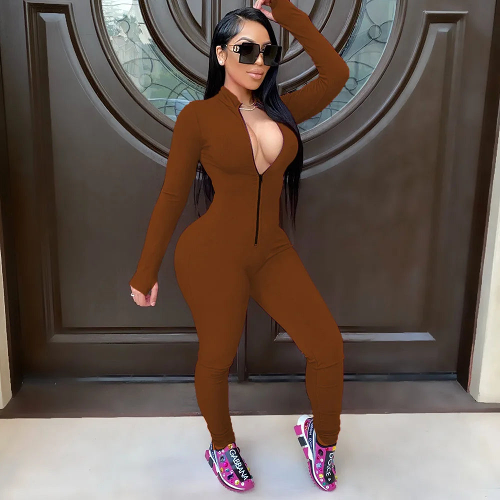Sexy Solid Color Long Sleeve Deep v Bodycon Rompers Womens Jumpsuit Sport Suit