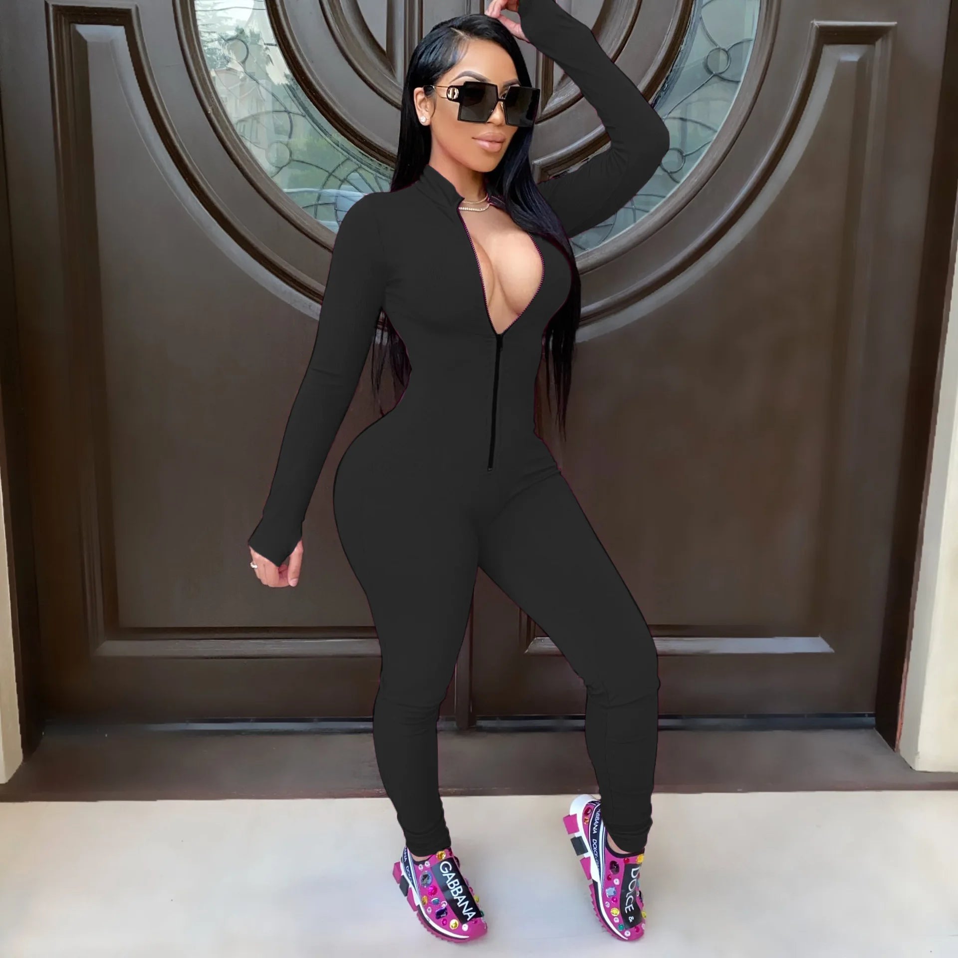 Sexy Solid Color Long Sleeve Deep v Bodycon Rompers Womens Jumpsuit Sport Suit