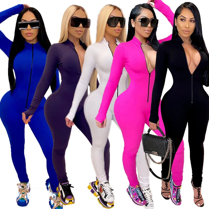 Sexy Solid Color Long Sleeve Deep v Bodycon Rompers Womens Jumpsuit Sport Suit