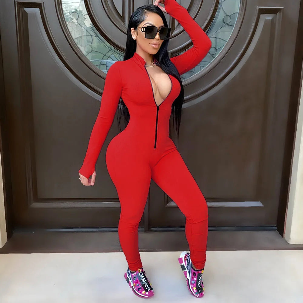 Sexy Solid Color Long Sleeve Deep v Bodycon Rompers Womens Jumpsuit Sport Suit