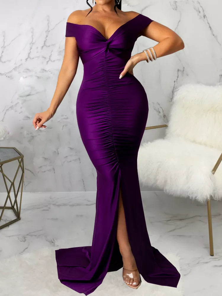 OMSJ Lady Mermaid Evening Dress Formal Party Prom Gown Off-Shoulder Low Cut V-Neck Backless Folds Slim Slit Long Dress 2024 Sexy