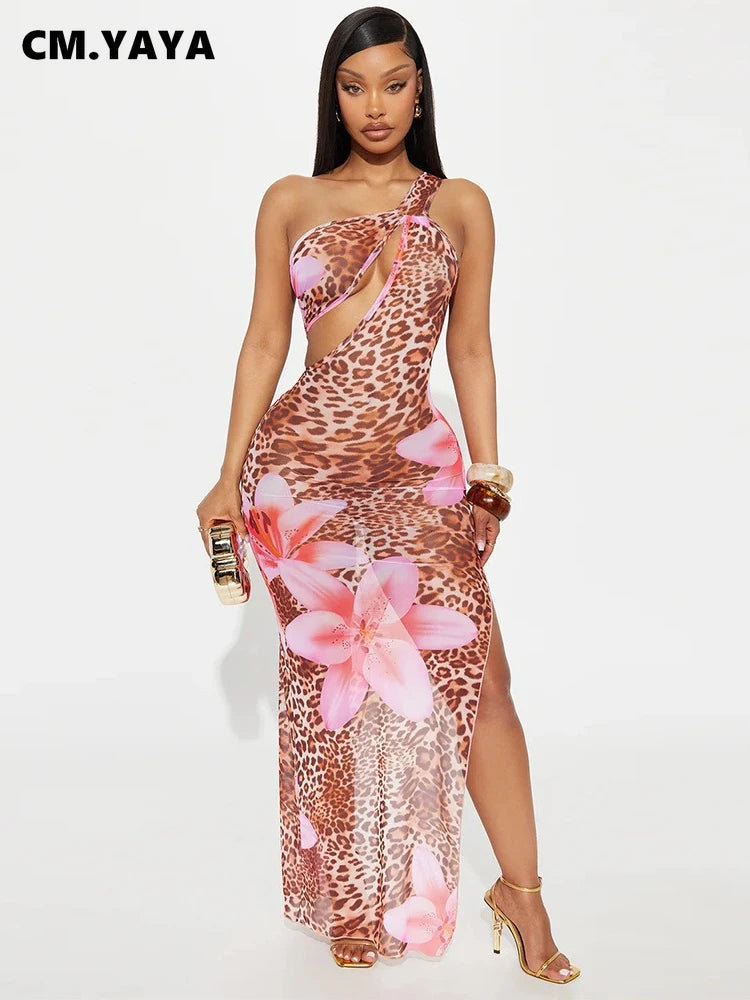 CM.YAYA Women Floral Leopsrd Printed Sleeveless High Side Split Long Maxi Dress