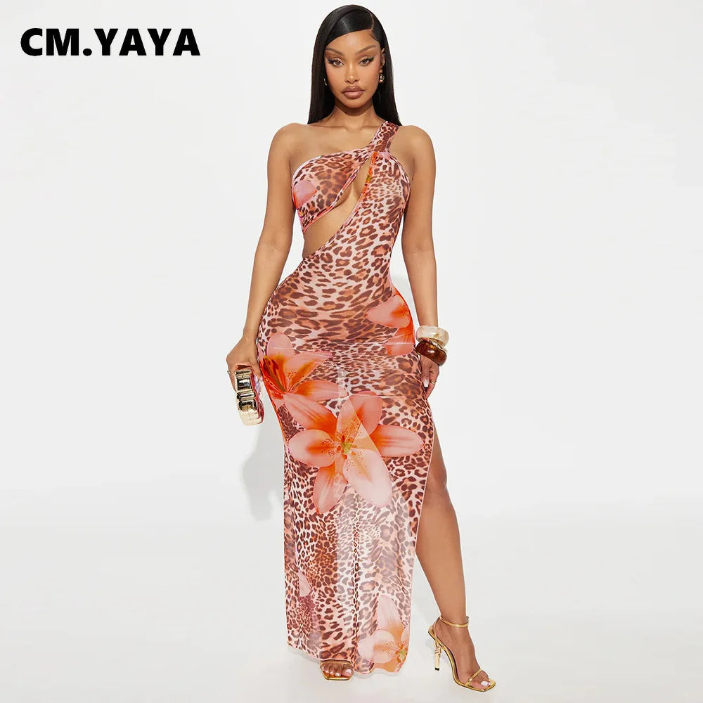 CM.YAYA Women Floral Leopsrd Printed Sleeveless High Side Split Long Maxi Dress