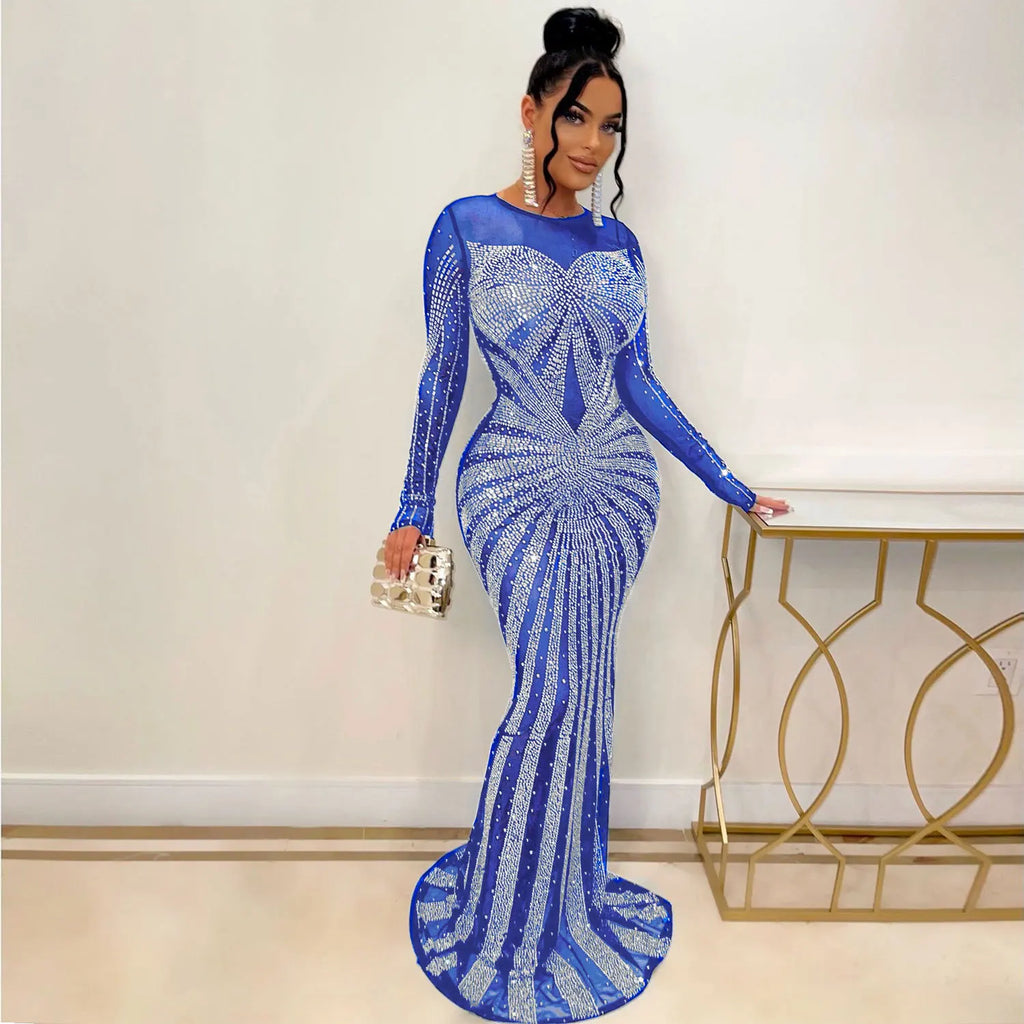 Sexy Rhinestone Crystal Mesh See Through Maxi Dress