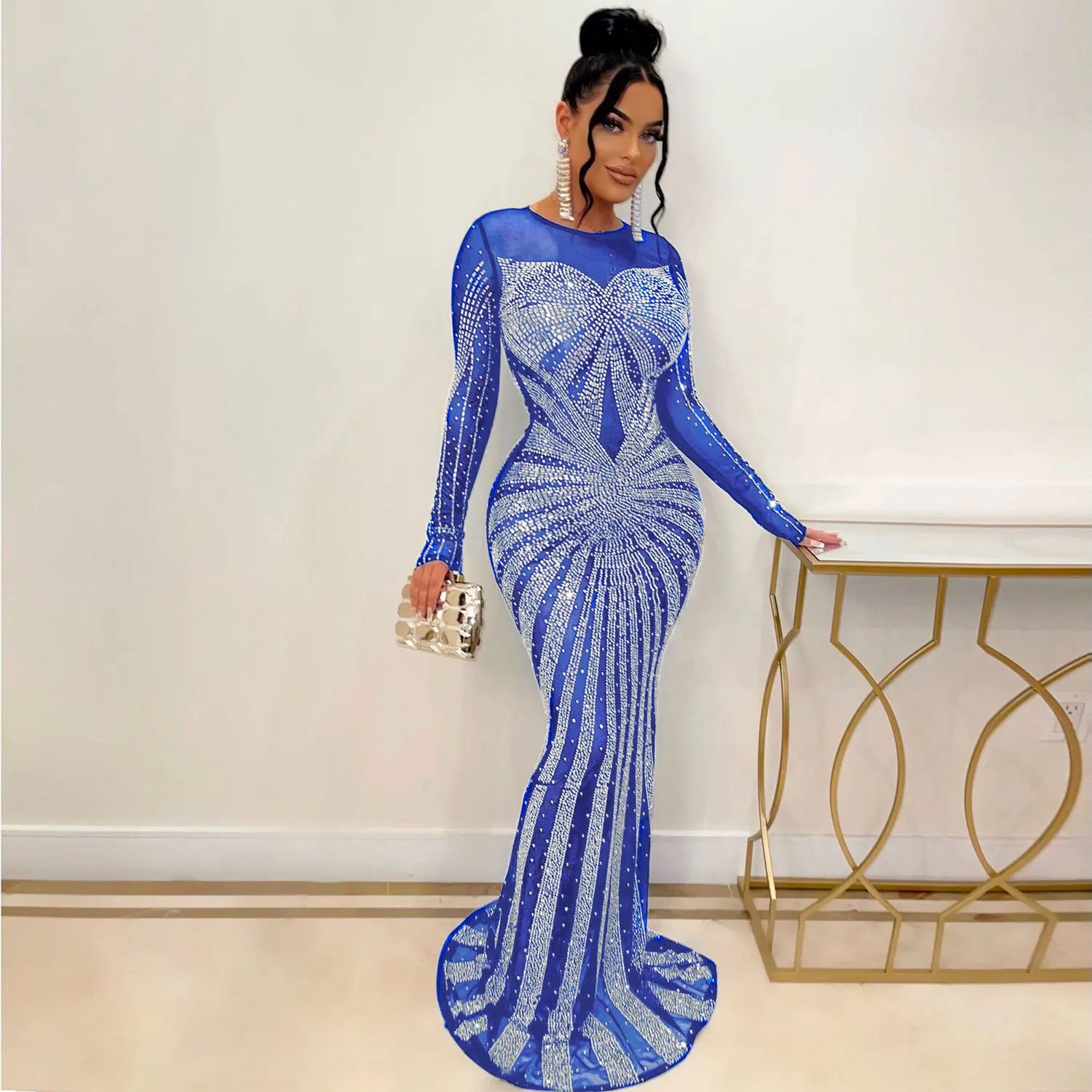 Sexy Rhinestone Crystal Mesh See Through Maxi Dress