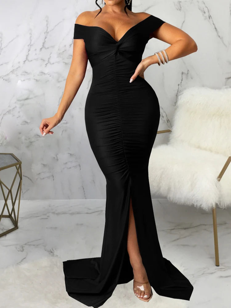 OMSJ Lady Mermaid Evening Dress Formal Party Prom Gown Off-Shoulder Low Cut V-Neck Backless Folds Slim Slit Long Dress 2024 Sexy