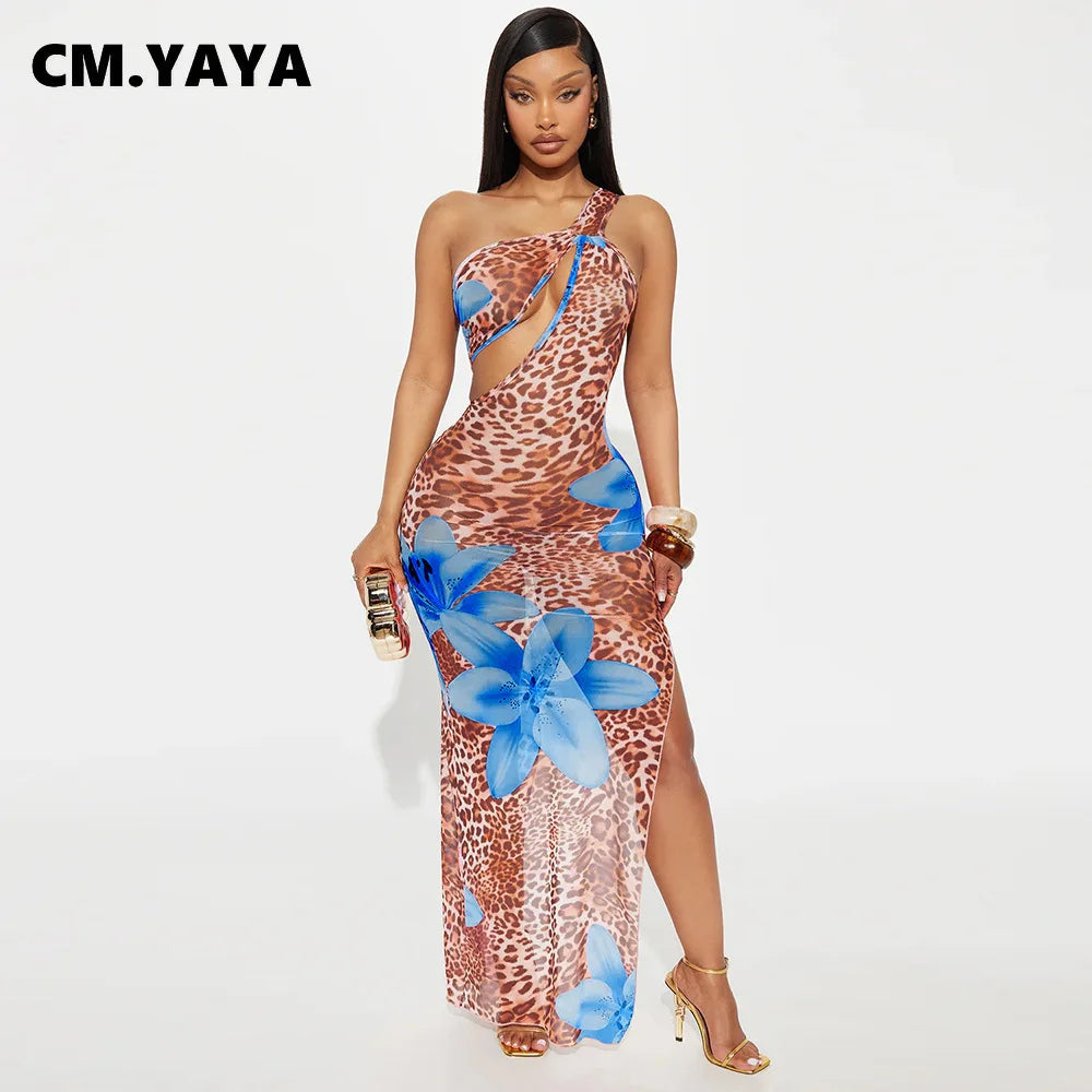 CM.YAYA Women Floral Leopsrd Printed Sleeveless High Side Split Long Maxi Dress