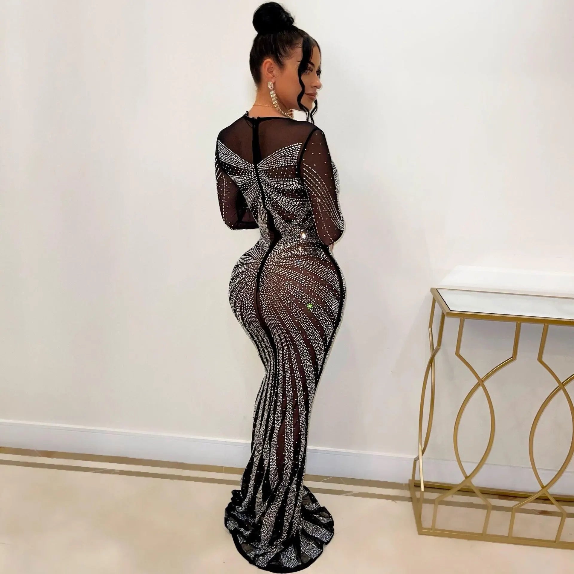 Sexy Rhinestone Crystal Mesh See Through Maxi Dress