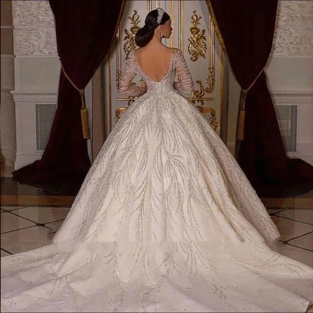 Customized Long Sleeve Shiny Ball Gown Wedding Dresses Backless Robe Marriage