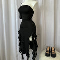 Women Strapless Sexy Floral Fold Hemline High Slit Mini Dress 2024 Solid Backless Sleeveless Black and Pink Party Dress Vestidos