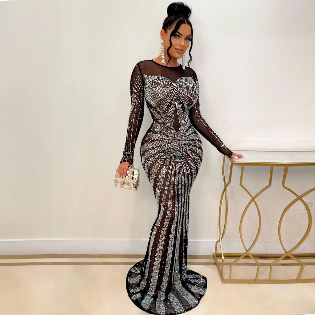 Sexy Rhinestone Crystal Mesh See Through Maxi Dress