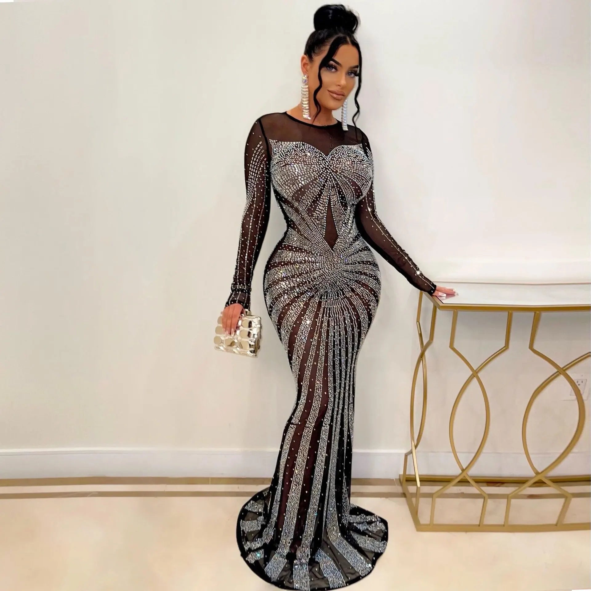 Sexy Rhinestone Crystal Mesh See Through Maxi Dress