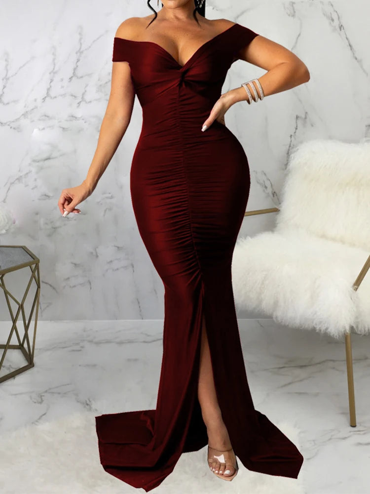 OMSJ Lady Mermaid Evening Dress Formal Party Prom Gown Off-Shoulder Low Cut V-Neck Backless Folds Slim Slit Long Dress 2024 Sexy