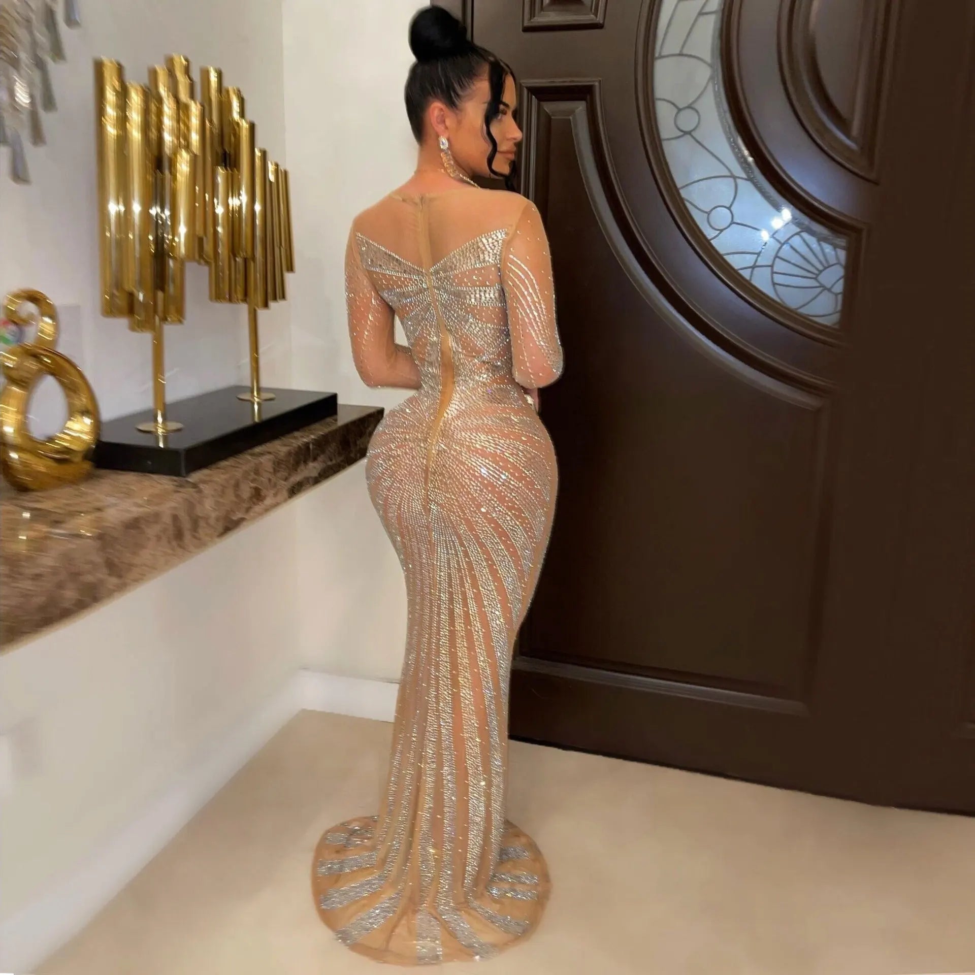 Sexy Rhinestone Crystal Mesh See Through Maxi Dress