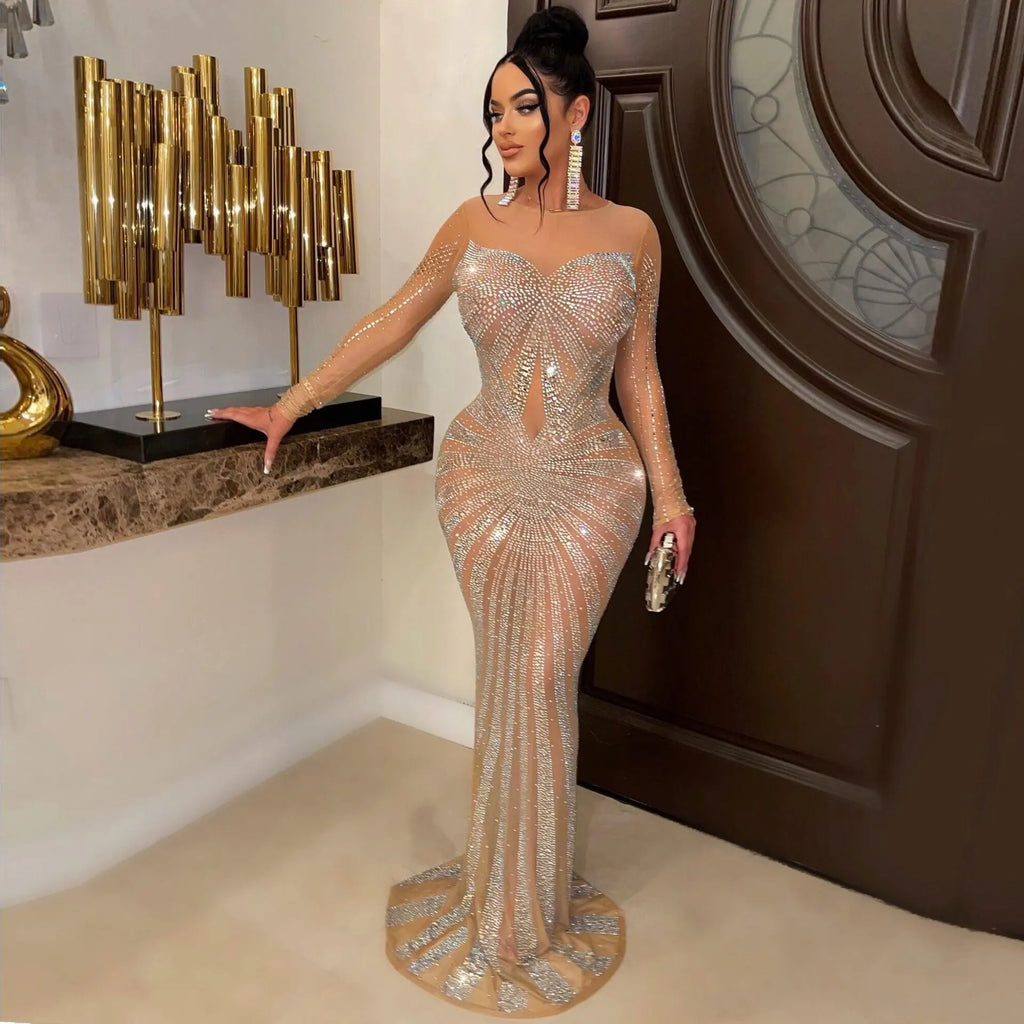 Sexy Rhinestone Crystal Mesh See Through Maxi Dress