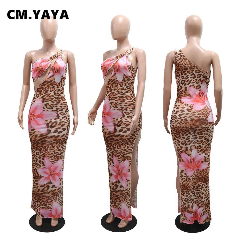 CM.YAYA Women Floral Leopsrd Printed Sleeveless High Side Split Long Maxi Dress