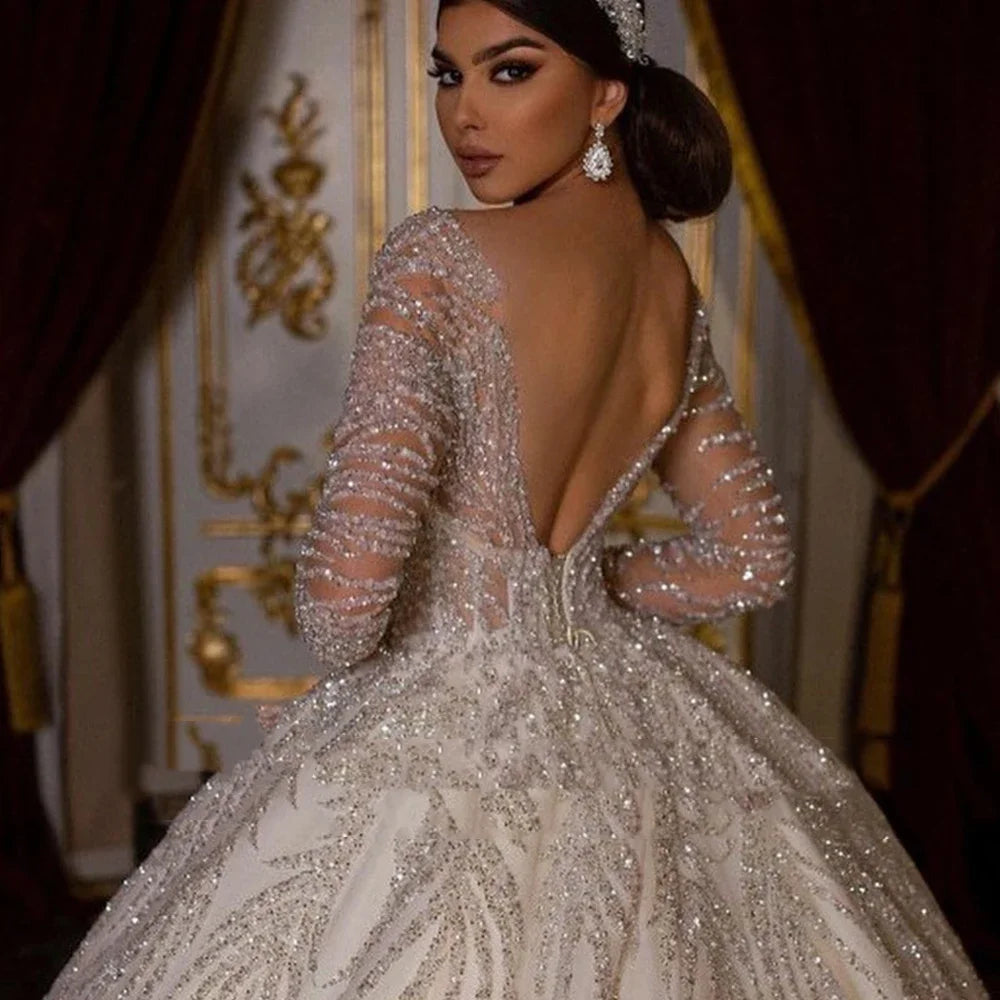 Customized Long Sleeve Shiny Ball Gown Wedding Dresses Backless Robe Marriage