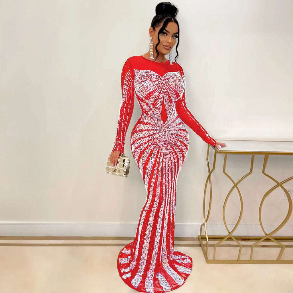Sexy Rhinestone Crystal Mesh See Through Maxi Dress