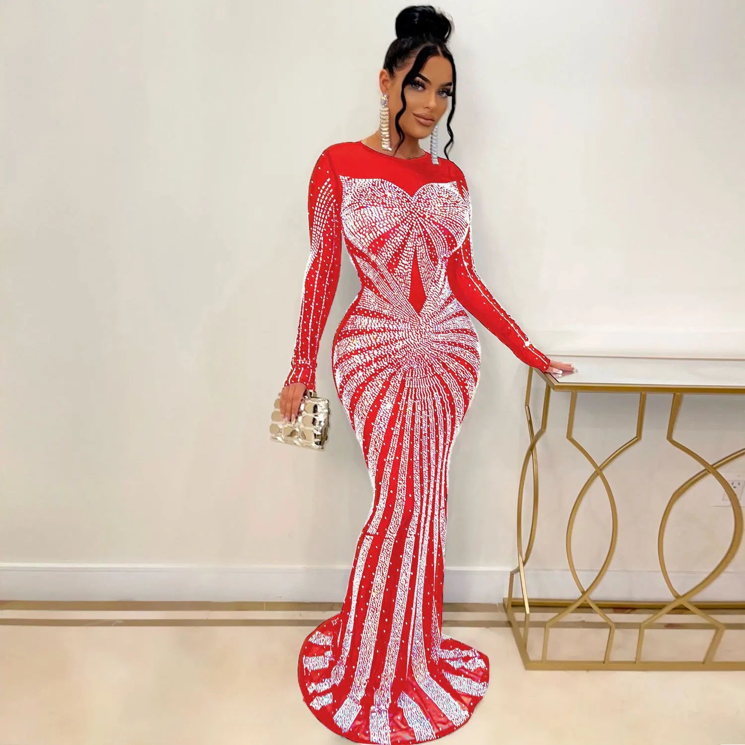 Sexy Rhinestone Crystal Mesh See Through Maxi Dress