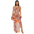 CM.YAYA Women Floral Leopsrd Printed Sleeveless High Side Split Long Maxi Dress