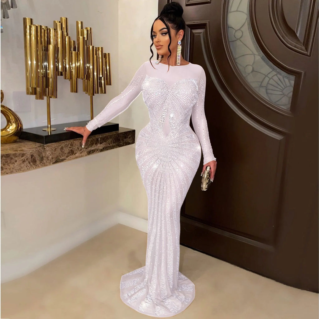 Sexy Rhinestone Crystal Mesh See Through Maxi Dress